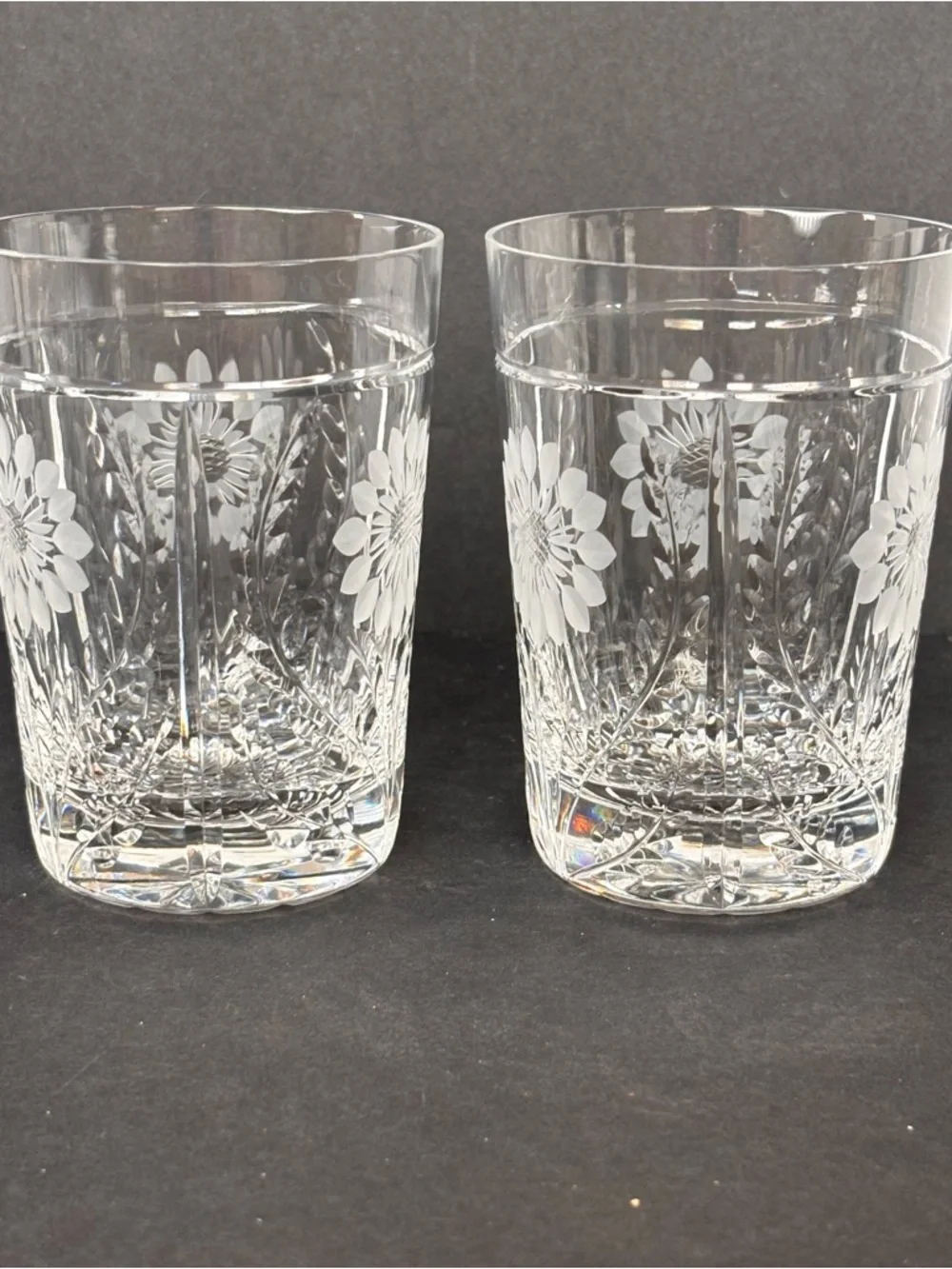 Pair Royal Brierley Etched Crystal Tumblers - Kensington Palace Flower Sunflower
